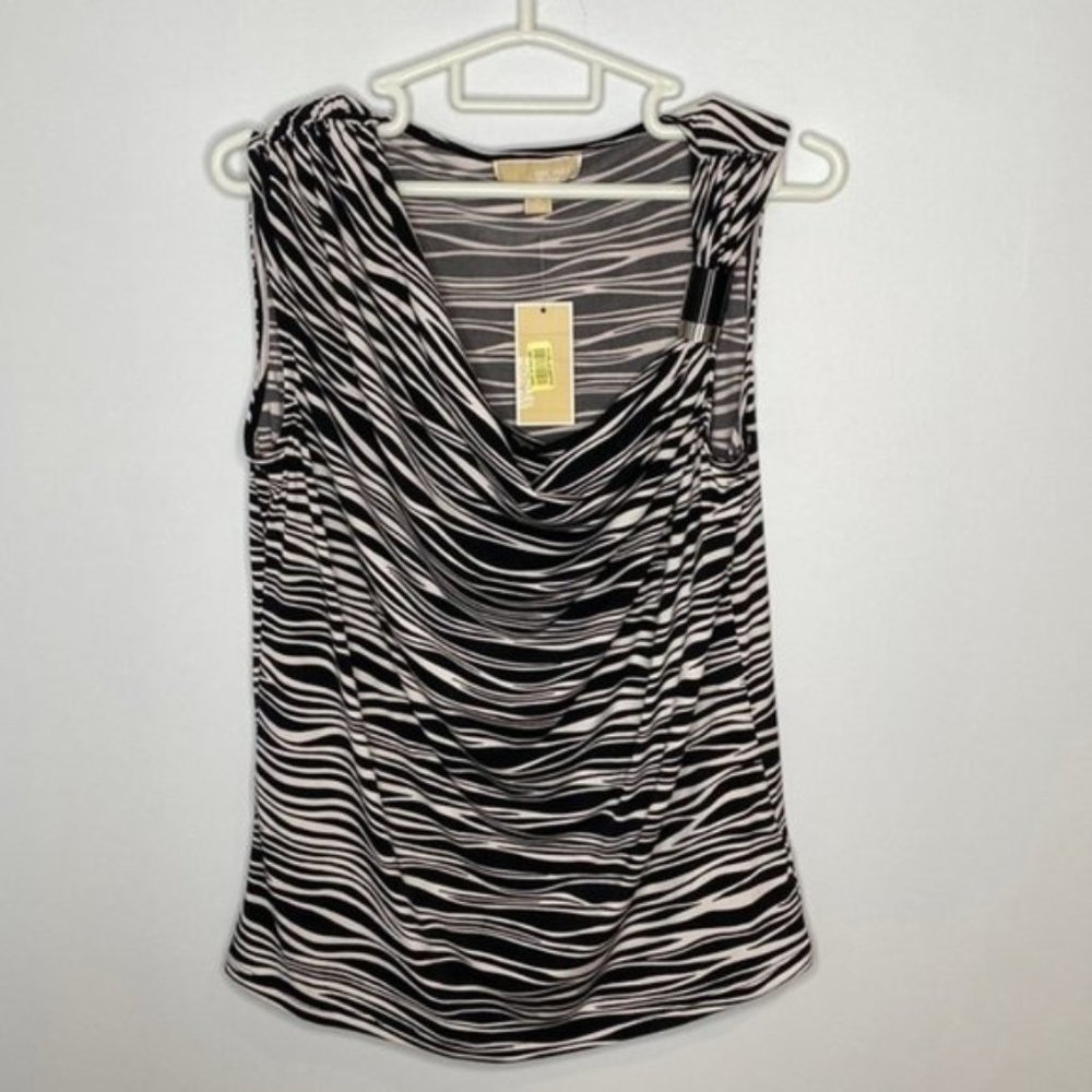 Michael Kors Women Black White All Over Wave Print Sleeveless Tank Top Size XL